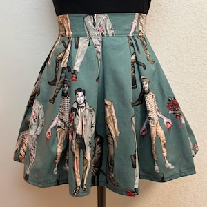 Handmade Skirt with POCKETS! Printed Pleated High Waisted Skater Skirt Made with Halloween Pinup Hipster Zombies Fabric