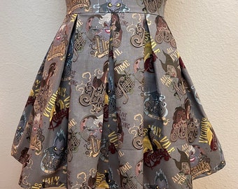 Handmade Skirt with POCKETS! Printed Pleated High Waisted Skater Skirt Made with Disney Villains Grey Fabric