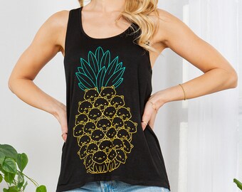 Pineapple Cats Purrapple Printed Flowy Racer Back Tank Top