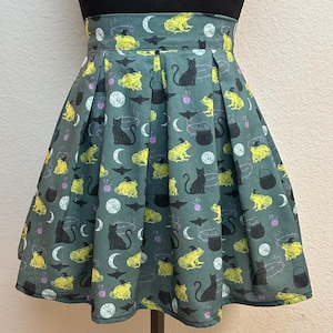 Handmade Skirt with POCKETS! Printed Pleated High Waisted Skater Skirt Made with Black Cats and Frogs Potions Halloween Fabric