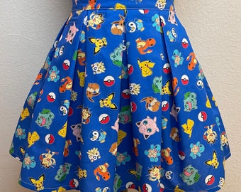 Handmade Skirt with POCKETS! Printed Pleated High Waisted Skater Skirt Made with Pokemon Go Pikachu Fabric