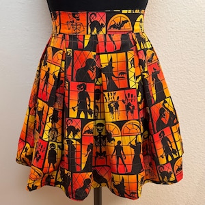 Handmade Skirt with POCKETS! Printed Pleated High Waisted Skater Skirt Made with Halloween Window Silohuettes Fabric