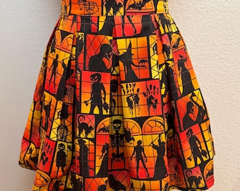 Handmade Skirt with POCKETS! Printed Pleated High Waisted Skater Skirt Made with Halloween Window Silohuettes Fabric