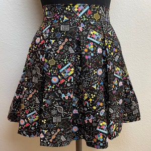 Handmade Skirt with POCKETS! Printed Pleated High Waisted Skater Skirt Made with Colorful Chemistry Beakers and Equations Fabric