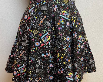 Handmade Skirt with POCKETS! Printed Pleated High Waisted Skater Skirt Made with Colorful Chemistry Beakers and Equations Fabric