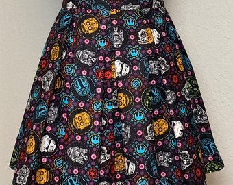 Handmade Skirt with POCKETS! Printed Pleated High Waisted Skater Skirt Made with Sugar Skull Star Wars Fabric