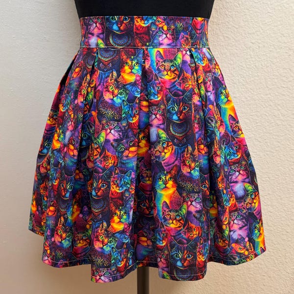 Large Handmade Skirt with POCKETS! Printed Pleated High Waisted Skater Skirt Made with Rainbow Cats Fabric
