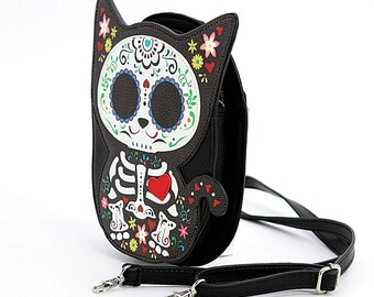 Vinyl Sugar Skull Skeleton Cat Crossbody Bag