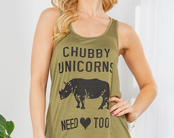 Green Chubby Unicorns Need Love Too Printed Flowy Racer Back Tank Top