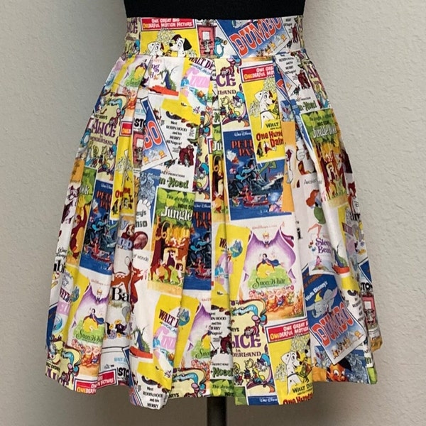 Handmade Skirt with POCKETS! Printed Pleated High Waisted Skater Skirt Made with Vintage Disney Posters Fabric