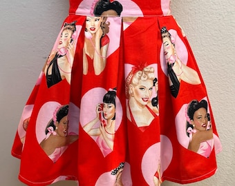 Handmade Skirt with POCKETS! Printed Pleated High Waisted Skater Skirt Made with Valentine Pin Up Girls Fabric