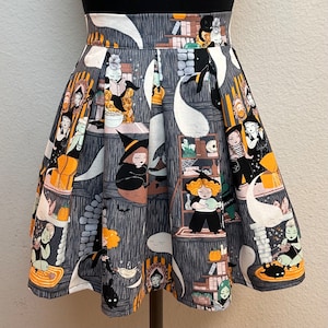 Handmade Skirt with POCKETS! Printed Pleated High Waisted Skater Skirt Made with Halloween Brewing Witches and Black Cat Fabric