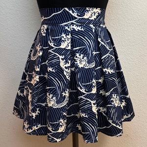 Handmade Skirt with POCKETS! Printed Pleated High Waisted Skater Skirt Made with Blue Great Wave Fabric