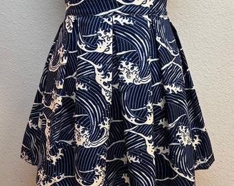 Handmade Skirt with POCKETS! Printed Pleated High Waisted Skater Skirt Made with Blue Great Wave Fabric