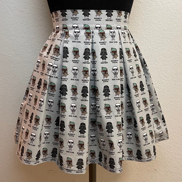 Handmade Skirt with POCKETS! Printed Pleated High Waisted Skater Skirt Made with Grey Star Wars Fabric