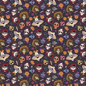 May include: A colorful repeating pattern featuring a cartoon character with a red hooded jacket and a brown hat, along with various skulls and flowers. The background is a dark purple.