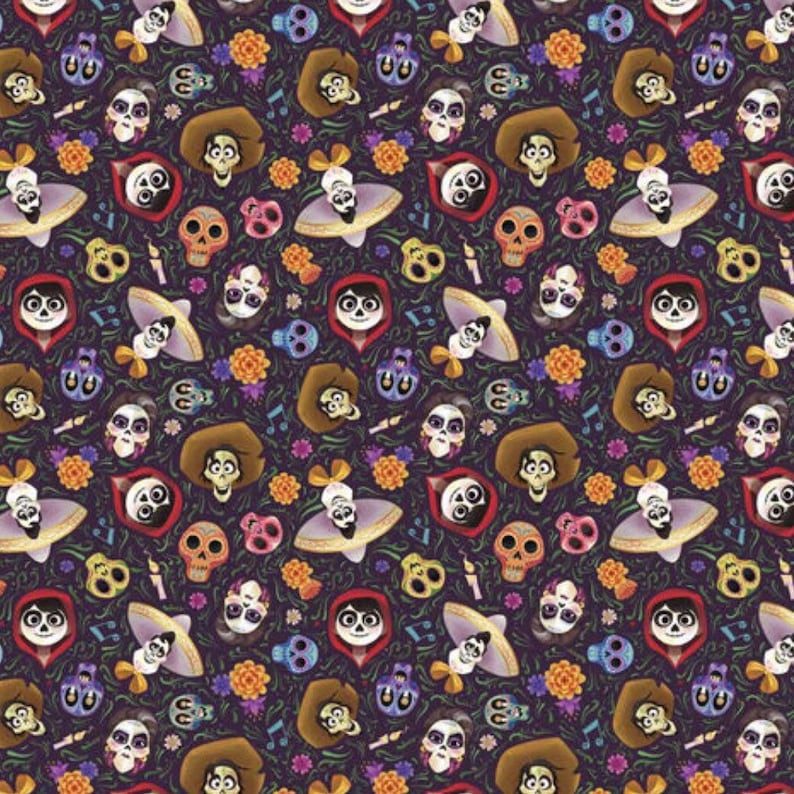 May include: A colorful repeating pattern featuring a cartoon character with a red hooded jacket and a brown hat, along with various skulls and flowers. The background is a dark purple.