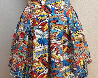 Handmade Skirt with POCKETS! Printed Pleated High Waisted Skater Skirt Made with Comic Book Words Fabric