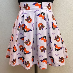 Handmade Skirt with POCKETS! Printed Pleated High Waisted Skater Skirt Made with Mickey Halloween Donut Fabric