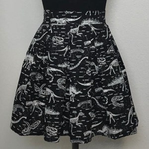 Handmade Skirt with POCKETS! Printed Pleated High Waisted Skater Skirt Made with Glow in the Dark Dinosaur Fossil Fabric