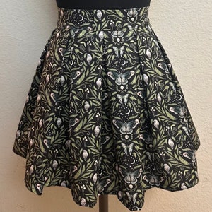 Handmade Skirt with POCKETS! Printed Pleated High Waisted Skater Skirt Made with Green Death Moth and Owls Fabric