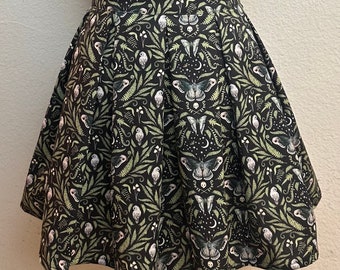 Handmade Skirt with POCKETS! Printed Pleated High Waisted Skater Skirt Made with Green Death Moth and Owls Fabric