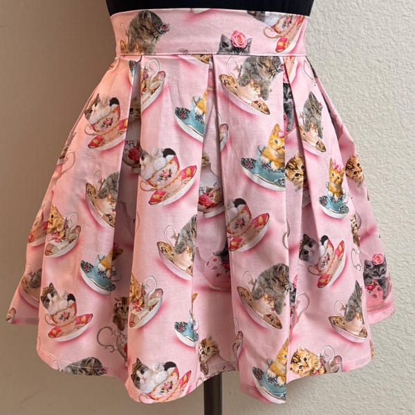 Handmade Skirt with POCKETS! Printed Pleated High Waisted Skater Skirt Made with Pink Kitty Cat Tea Fabric