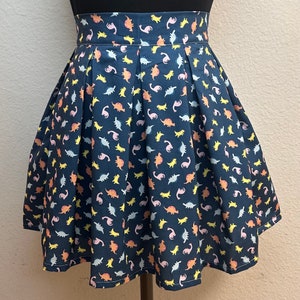Handmade Skirt with POCKETS! Printed Pleated High Waisted Skater Skirt Made with Colorful Dinosaurs on Navy Fabric