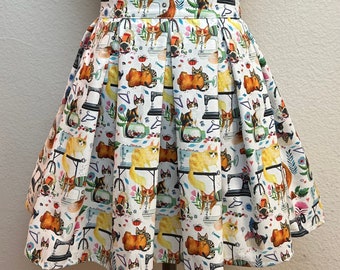 Falda XL hecha a mano ¡CON BOLSILLOS! Falda skater estampada de talle alto con pliegues, confeccionada con tela Sewing Time Cats.