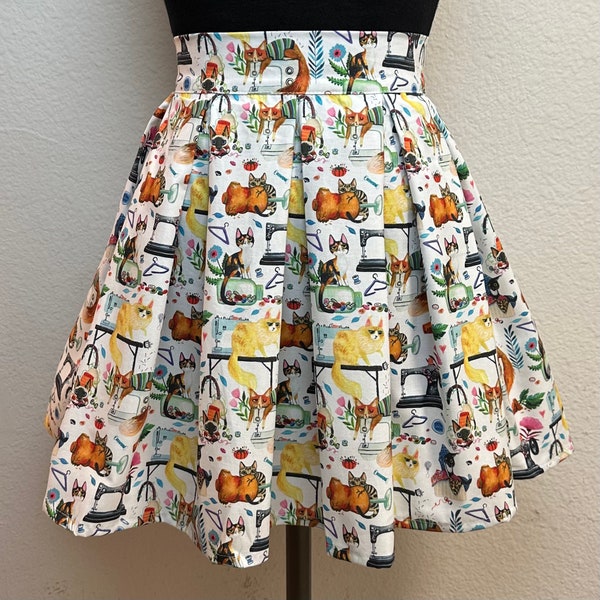 Large Handmade Skirt with POCKETS! Printed Pleated High Waisted Skater Skirt Made with Sewing Time Cats Fabric