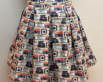 Handmade Skirt with POCKETS! Printed Pleated High Waisted Skater Skirt Made with Retro Camera Fabric