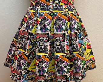 Handmade Skirt with POCKETS! Printed Pleated High Waisted Skater Skirt Made with DC Comics Batman Comic Book Fabric