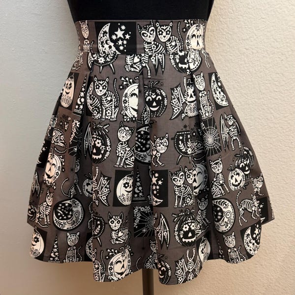 Handmade Skirt with POCKETS! Printed Pleated High Waisted Skater Skirt Made with Halloween Skeleton Cats Fabric