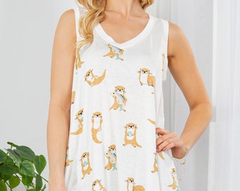 Otters Printed Flowy V-Neck Tank Tunic