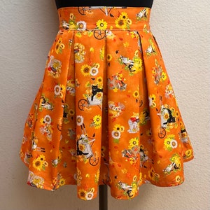 Handmade Skirt with POCKETS! Printed Pleated High Waisted Skater Skirt Made with Orange Fall Cats Fabric