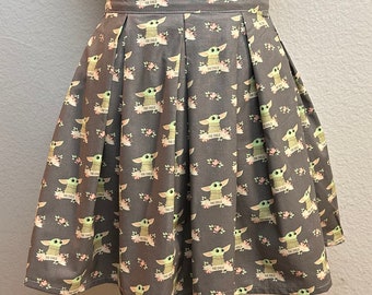 Handmade Skirt with POCKETS! Printed Pleated High Waisted Skater Skirt Made with Star Wars Baby Yoda The Child Flower Fabric