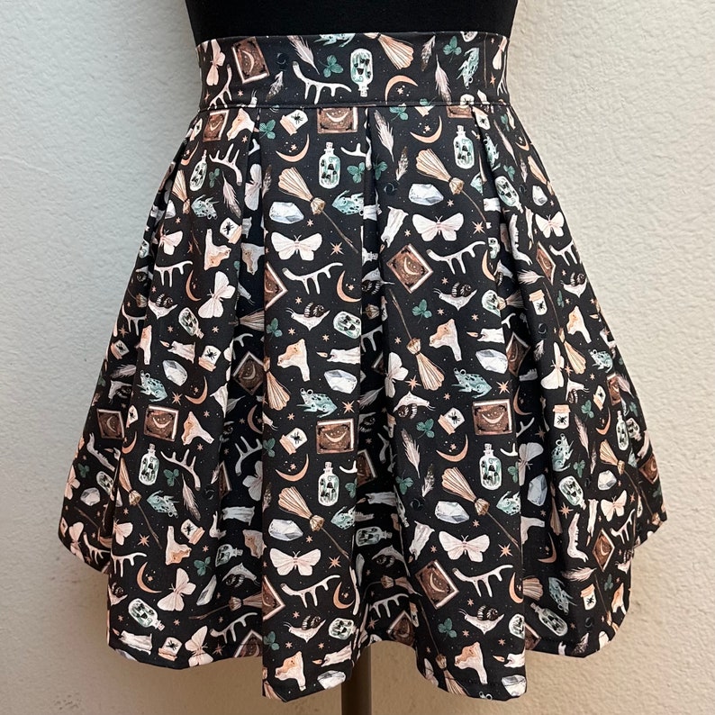 Handmade Skirt with POCKETS Printed Pleated High Waisted Skater Skirt Made with Halloween Witches Tools Fabric image 1