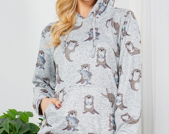 Otters Printed Super Soft Brushed Cotton Pullover Hoodie Sweatshirt