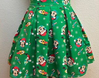 Handmade Skirt with POCKETS! Printed Pleated High Waisted Skater Skirt Made with Green Disney Mickey Holiday Fabric