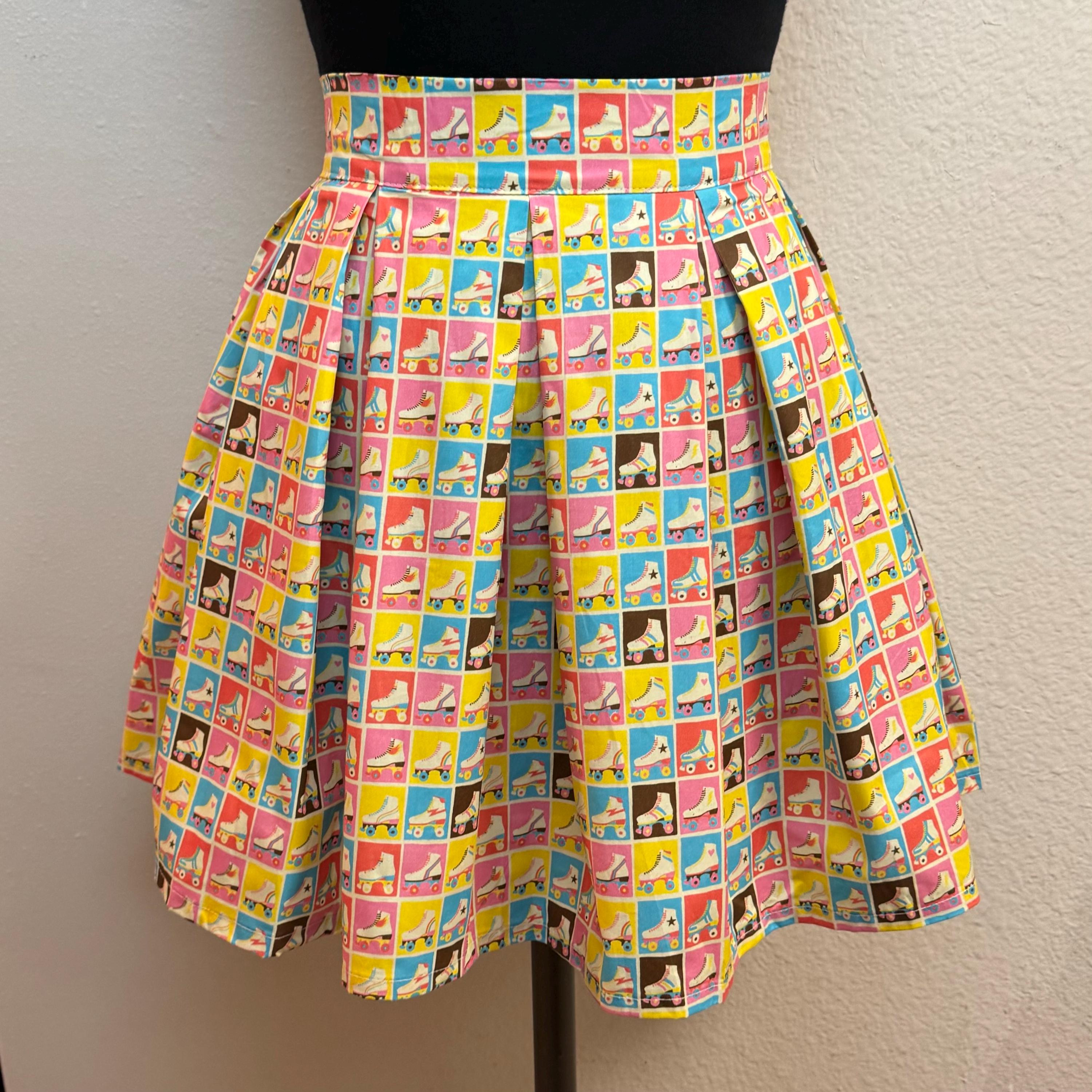 Handmade Skirt with POCKETS! Printed Pleated High Waisted Skater Skirt Made with Retro Roller Skates Fabric