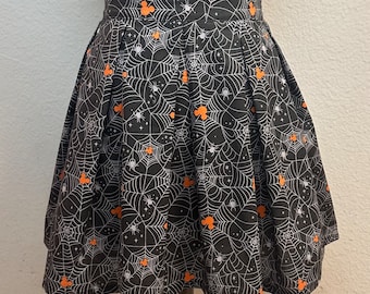 Handmade Skirt with POCKETS! Printed Pleated High Waisted Skater Skirt Made with Mickey Halloween Spiderweb Fabric