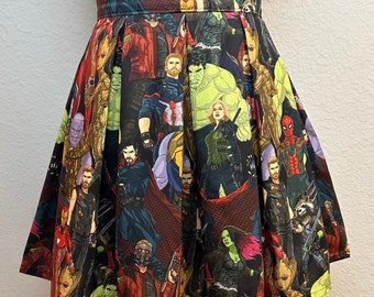 Handmade Skirt with POCKETS! Printed Pleated High Waisted Skater Skirt Made with Marvel Avengers Infinity War Fabric