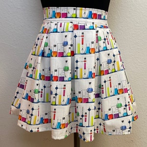Handmade Skirt with POCKETS! Printed Pleated High Waisted Skater Skirt Made with Colorful Chemistry Beakers Fabric