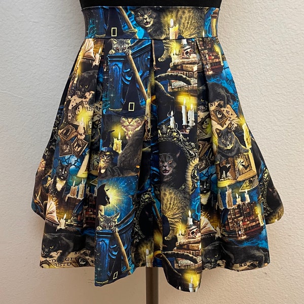 Handmade Skirt with POCKETS! Printed Pleated High Waisted Skater Skirt Made with Ouiji Black Cat Halloween Fabric