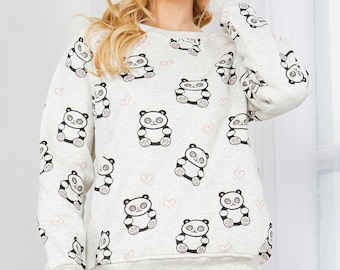 Panda Printed Super Soft Fleece Lined Pullover Sweatshirt