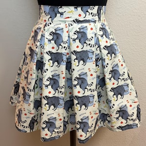 Handmade Skirt with POCKETS! Printed Pleated High Waisted Skater Skirt Made with Trash Panda Raccoon Fabric