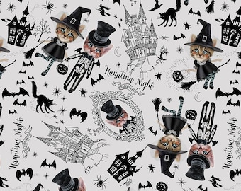 Falda skater plisada de cintura alta y hecha a mano con bolsillos. Estampada con tela de gatos disfrazados.
