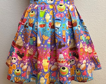 Handmade Skirt with POCKETS! Printed Pleated High Waisted Skater Skirt Made with Disney Park Sweets and Treats Fabric