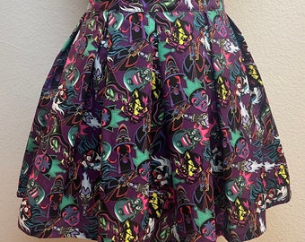 Handmade Skirt with POCKETS! Printed Pleated High Waisted Skater Skirt Made with Disney Villains Purple Fabric