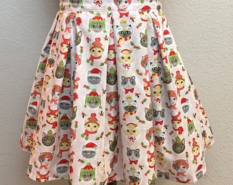 Handmade Skirt with POCKETS! Printed Pleated High Waisted Skater Skirt Made with Pink Santa Cats Christmas Fabric